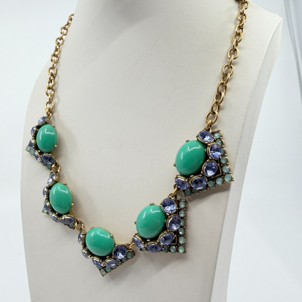 Vintage J.Crew Green Cabochon Lavender Rhinestone Statement Choker Necklace - Picture 7 of 14